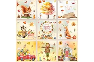 Aonveki Fensterbilder Herbst Selbstklebend, 9 Blätter Thanksgiving Herbstdeko Fenster Aufkleber Ohne Kleber, Ahornblätter Kürbis Kleintiere Fensterdeko Herbst für Kinderzimmer Haus Cafe