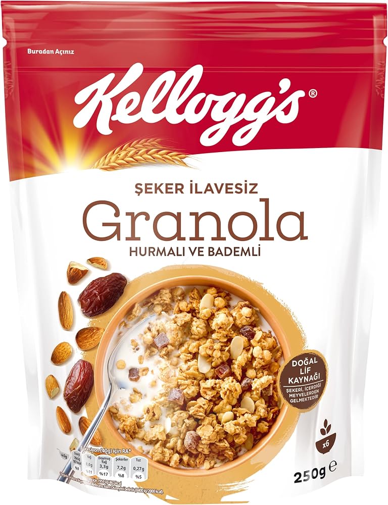 Kellogg's İlave Şekersiz Granola Hurmalı ve Bademli 250 G,%43 Yulaf içerir,Lif Kaynağı,%10 Hurma içerir