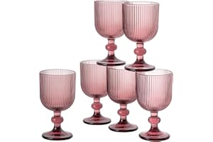 Baroni Home Ensemble de 6 Verres à Pied en Verre Colorés et Décorés de Rayures en Relief 20 CL, Verres Élégants Lavables au Lave-vaisselle, 8x8x14,5 cm, Rose