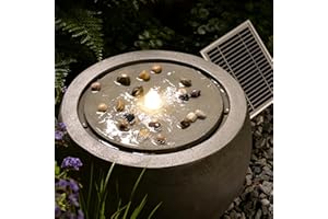 Bumilgar 29 * 45 * 45CM Solar Garden Water Feature, Bubbler Outdoor Fountain with Warm Lights, Pump and Pebbles Waterfall Concrete Effect for Garden, Patio, Deck, Yard, Home Decor, Gray