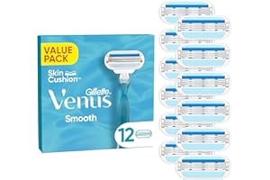 ‎GILLETTE VENUS Gillette Venus Smooth Damenrasierer Ersatzklingen, Set von12, mit 3 sich der Körperkontur anpassenden Klingen, umgeben von Schutzkissen