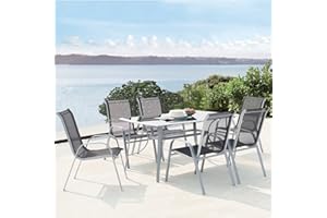 CONCEPT USINE - Salon De Jardin Alassio 6 Personnes Gris - 1 Table en Aluminium - 6 Chaises en Acier - Design Incurvé, Moderne, Raffiné - Robuste