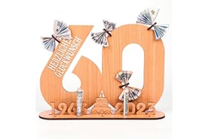 LAISLLA 2023 Holz-Schild Gästebuch, Geschenk 60 Geburtstag Mann Holz, Ausgefallenes Geldgeschenk mit Ständer und Geburtstagskerzenhalter, 60. Geburtstag Frau Kreatives Geldgeschenke zum Jubiläum