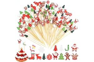 FANTASYON 200 Pièces Noël Cocktail Sticks avec 14 Modèles de Noël 13cm Bâtonnets de Cocktail de Noël, Bâtonnets Cocktail Bambou Bonhomme de Neige Élan pour Apéritifs Fingerfood Brochette de Fruits Desserts Déco