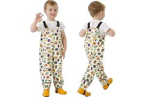 Fewlby Waterproof Trousers Kids Rain Trousers, Boys Girls Rain Dungarees Wind and Waterproof Mud Bib Overalls Toddler Cartoon Rainwear for Outdoor Play