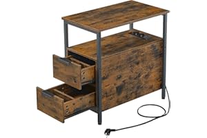 VASAGLE Table d’Appoint avec Multiprise, Petite et Fine avec 2 Tiroirs, Table de Chevet avec Rangement, pour Salon, Chambre, Marron Rustique et Noir d'encre LET325B01