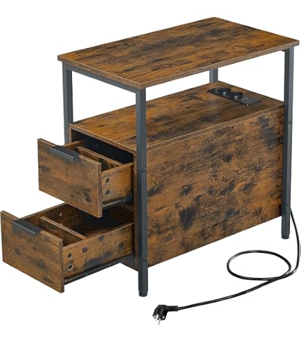 Table De Chevet Avec Prises & USB - Roulettes & Tiroirs - Design Rétro Pour Chambre Ou Salon