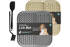BASVII Tapis De Léchage Chien 20x20cm, Lot De 2 Tapis De Leche pour Chien Silicone avec Ventouse, Ralentit L'alimentation des Chats Et des Chiens, avec Spatule Et Brosse (Beige + Gris, 20x20cm)