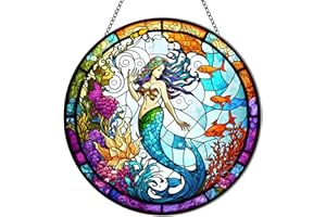 MATIHAY Mermaid Stained Acrylic Window Hanging, Acrylic Wall Decor, Ocean Wall Art Decor for Home, Coffee Bar, Housewarming Gift (Mermaid/Seahorse)