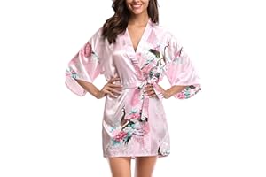 Migcaput Bademantel Damen Kurz mit Gürtel Kimono Robe Morgenmantel Sexy V-Ausschnitt Leicht Seide Satin Pyjama Strandkimonos Nachtwäsche mit Pfau Muster