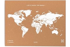 Miss Wood Map L, Mappa del mondo di Sughero, 45 x 60 cm, Naturale/Bianco