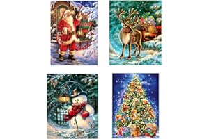 KRUCE 4 Pack DIY Christmas Diamond 5D Art Painting Art Full Drill Kits,Christmas Santa Claus Snow Deer Christmas Tree Diamond 5D Art Painting for Adults Kids Home Wall Decor