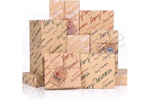 Toptime Papier Cadeau Noel, 8 Feuilles Emballage Cadeaux Noel avec Étiquettes, Ficelle, Papier Cadeau Noël Kraft Vintage avec Merry Christmas, Papier Cadeaux de Noël pour la Nouvelle Année, 70x50cm