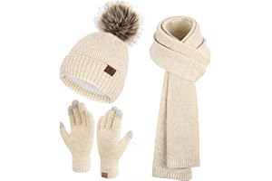 Bequemer Laden Mujer Invierno Gorro Beanie Pompon Bufanda Larga Guantes Tactiles Conjunto Tejido Gorros con Forro Polar Termico