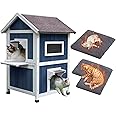 Rockever Outdoor Cat House, 2 Story Outdoor Houses for Feral Cats Wooden Outside Cat Shelter Weatherproof with Escape Door