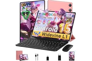 UJJ Gemini AI Tablette Android 15 Tablette10 Pouces, 64 Go ROM +2 To TF Extensible, Octa-Core, Widevine L1, GMS Certification, 5GWiFi, 5MP+8MP, Bluetooth 5.0, Tablette avec Clavier + Souris et Cast, Rose