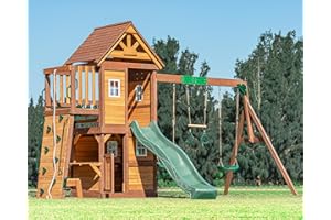DOLPHIN PLAYGROUND T Swing Set for Backyard with Slide, 2 Swings, Trapeze Bar, Climbing Wall, Play house for Kids Outdoors with Kitchen Toys and Wooden Roof – Cedar Wood Outdoor Playset for Ages 3+