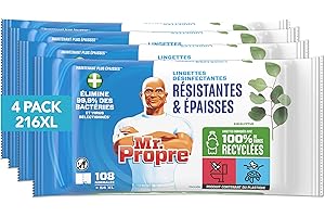 MR. PROPER Mr. Propre Lingettes Multi-Usages Désinfectantes Résistantes Et Épaisses Parfum Eucalyptus, 4x 54 Unités, Fabriquées Avec 100% De Fibres Recyc