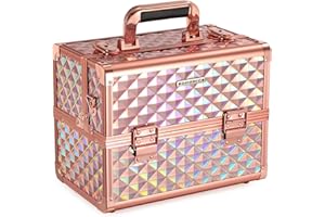 SONGMICS Mallette à Maquillage, Beauty Case, Organiseur à Maquillage de Voyage, pour Coiffeuses, Fournitures de Couture, Boîte Verrouillable avec Bandoulière, cadeau noel, Rose Gold Laser JBC323RD