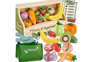 BUYGER Cibo da Tagliare Frutta e Verdura Giocattolo, Accessori Cucina Bambini con Bancarella, Monete Finti, Borsa a Mano, Educativo Giochi di Ruolo, Regalo di Natale per Bimbo 18 + Mesi 3 + Anni
