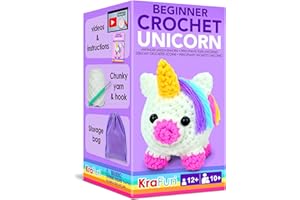 KRAFUN Unicorn Beginner Crochet Kits for Kids Beginners, 1 Crochet Stitching Animal Doll Arts & Crafts, Needlepoint Embroidery Kit for Girls 10+ Craft Kit Educational Make Your Own
