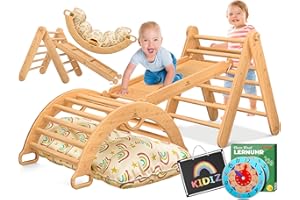Kidiz® Montessori - Set da gioco 7 in 1 con arco, scivolo da arrampicata, triangolo in legno, con cuscino, lavagna e orologio da apprendimento, parco giochi per interni per bambini a partire da 1 anno