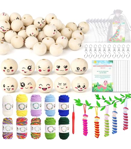 Kit Crochet Vers Porte-bonheur - 60 Perles Bois Visage, 12 Laines, Sacs Organza, Porte-clés, Crochets