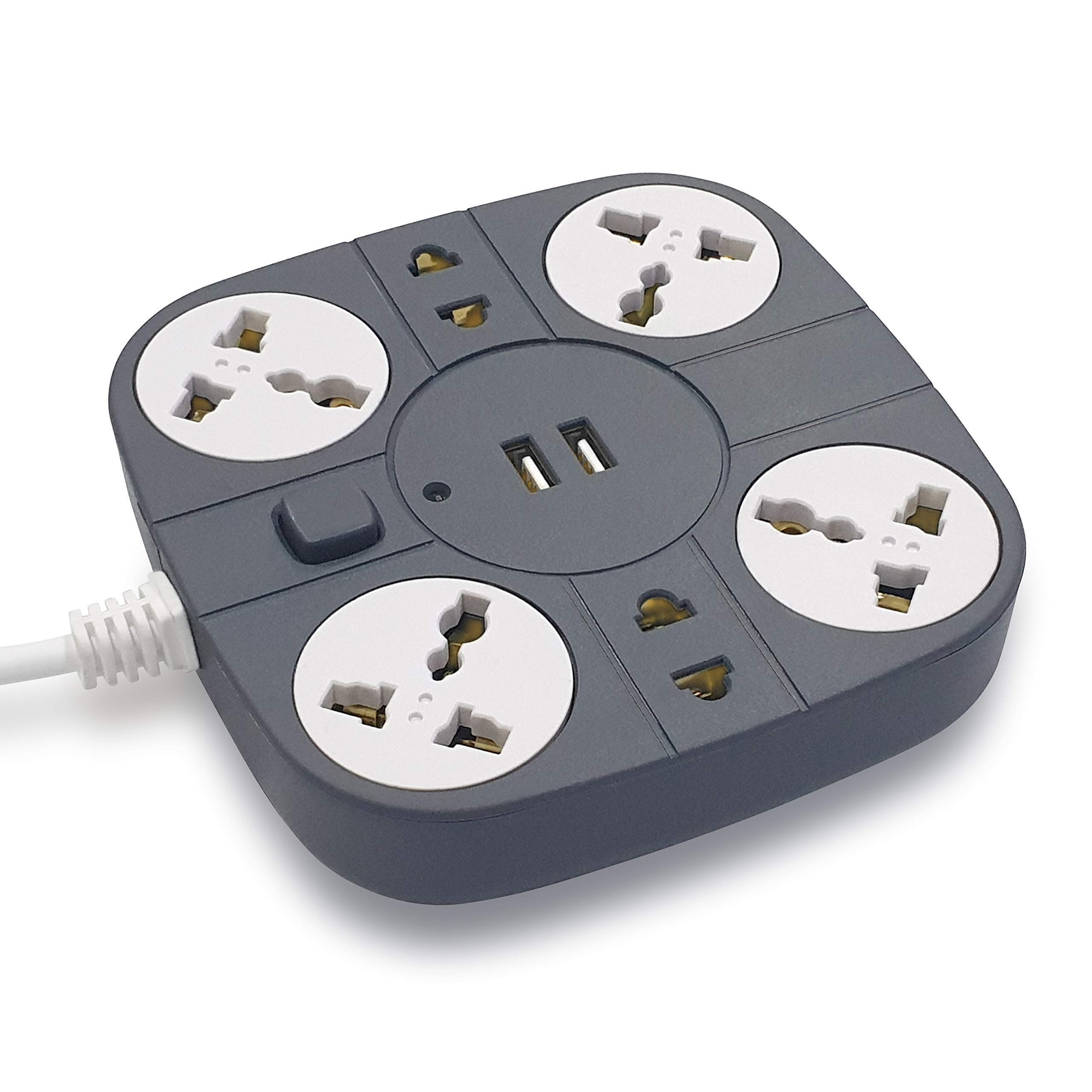 ADDMAX Extension Cord with USB Port – 10 Amp 220V-50/60Hz [6 Socket Outlet with 2 ] [Fire Flame Proof] [USB Charging Port][1.8 Meter Cord] Multi Plug Extension Board for Home Office (Grey)