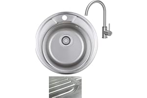 VBChome Fregadero empotrable con grifo fi 490 mm, estructura satinada a partir de 45 cm, acero inoxidable, fregadero de cocina, redondo, fregadero de camping, desagüe sifón, grifo de acero inoxidable