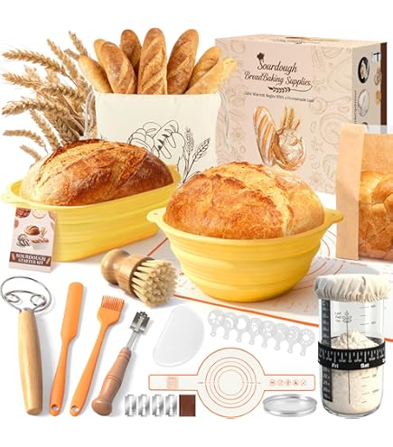 Set Cestini Per Lievitazione Pane In Silicone - 2 Pezzi (Rotondo E Ovale) Con Raschietto, Lama, Pennello E Frusta - Pieghevoli E Antiaderenti - 4