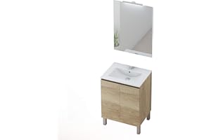 Baikal Conjunto Mueble de Baño con Lavabo y Espejo con Aplique LED con Patas, en Varios Acabados, Melamina 16. 2 Puertas 60 cm Nature