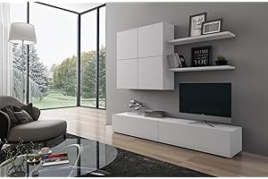 Arreditaly Parete Attrezzata Mobile Soggiorno Moderno Con Base TV 2 Ante Pensile 4 Ante e 2 Mensole Design Contemporaneo in Melaminico Facile da Pulire 200 x 194 x 40 cm Bianco