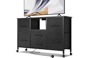 Adoture Chest of Drawers with Charging Station for Bedroom, Dresser, TV Stand with 6 Fabric Drawers for Clothes and Kids Toys Storage, Black with Charging Station