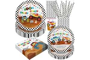 BOIKOKY Monster Truck Geburtstagsparty Dekorationen, 120 Stück Monster Truck-Themen-Partygeschirr Inklusive Pappteller, Servietten, Becher Und Strohhalme, für 24