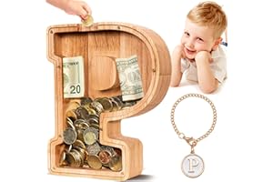 Summidate Spardose für Kinder Junge, Personalisiert Holz Großes Sparschwein, Unzerbrechliches Buchstabe A-Z Sparbüchse für Kinder Mädchen, Erwachsene, Geschenk&Dekoration(Initial-P)