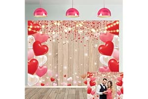 CINRAY Pink Red Heart Backdrop Valentine's Day Decorations 7x5FT Pink Loveheart Balloons Wood Floor Photography Background Valentines Baby Shower Birthday Party Selfile Wall Decor