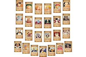 Anime One Piece Kit de 25 affiches avis de recherche 20 x 28 cm Pirates Chapeau de paille Zoro Sanji Luffy Gris/Blanc Décoration murale pour chambre de garçon Cadeau d’anniversaire