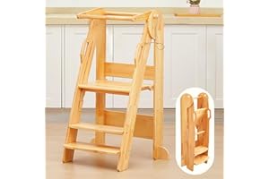 FUNLIO Lernturm Klappbar für Kinder, 3-Stufig Höhenverstellbarer Learning Tower für Kleinkind von 2–6 Jahren, Kinder Lernturm Montessori mit Sicherheitsgeländer, Einfach zu Montieren - Natürlich