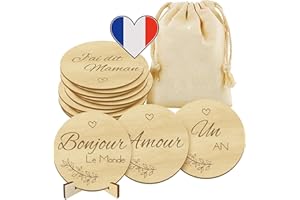 MARKETIFAR Carte Etape Bébé Bois - Pochette + 15 Disques Gravés Recto Verso + Support en Bois inclus - Cartes 30 Moments Nouveau Né Mois par Mois et 1ère Fois - Cadeau de Naissance et Grossesse