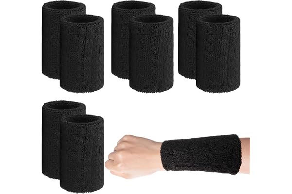 8 stycken svettband handled sport armband fitness svettband för män, kvinnor och barn, svarta långa armband absorberande elas