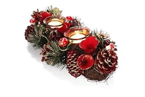 COM-FOUR® Portacandele - porta candele decorativo per Natale e autunno - portacandele con materiali naturali - artigianato (Disposizione dell'Avvento fiore rosso - 2 candele)