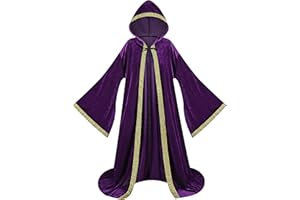 maxToonrain Mystic Wizard Robe Full Length Hooded Velvet Cloak Wide Sleeve Style Adult Medieval Retro Vintage Renaissance Costume Fancy Dress for Halloween Masquerade (Purple-142cm)