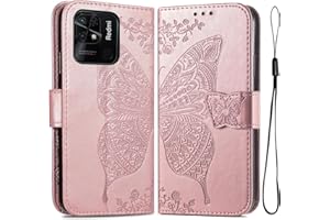 GOKEN Funda para Xiaomi Redmi 10C 4G, Leather Folio Carcasa con Billetera con Magnético, Relieve Dibujo, TPU PU Cuero FILP Case Cover con Soporte/Tapa Tarjetas, Oro Rosa