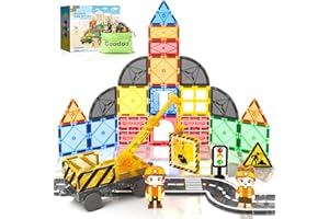 COODOO Kids Games Magnetic Tiles Road Set with Extendable Magnetic Crane, City Construction Building Toys for Toddlers STEM Preschool Toys Ages 4-6 5-7, Gifts for 3+ Year Old Boys Girls Kids Toys with Car