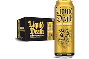 Liquid Death, Mango Chainsaw Sparkling Water, Mango Flavored Sparkling Beverage Sweetened With Real Agave, Low Calorie & Low Sugar, 12-Pack (Tallboy Size 16.9oz Cans)