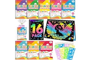 FUNNYB&G Scratch Art Bambini Set: 16 Libri Fogli Neri da Grattare Bambini Kit Regalini Fine Festa Compleanno con 18 Stilo in Legno, 16 Righelli Modello Forniture Artigianali per Bambini Dopo Festa