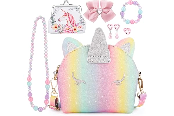JYPS Sac à Main Licorne pour Petites Filles, 7PCS Sac à Bandoulière Mignon pour Enfants avec Dress up Jewelry Set Faire Semblant Accessoires de Jeu, Cadeau d'anniversaire Licorne Cadeau Fille Jouet