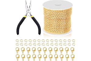 Swpeet 102Pcs Gold 3mm by 10 Yard Length Jewelry Making Chains Kit with Jump Rings, Lobster Clasps and Jewelry Plier, Necklace Chains Flat Cable Link Chain Bulk Ideal for DIY Craft Chain Making
