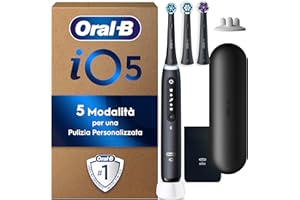 Oral-B Spazzolino Elettrico Ricaricabile iO 5N, Sensore di Pressione, Intelligenza Artificiale, 3 Testine di Ricambio, 1 Spazzolino Elettrico Oral B, Custodia da Viaggio, Nero, Idea Regalo