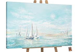 YS-Art Soggiorno arte astratta moderna Blu mare Pittura acrilica su tela Dipinta a mano mare barche a vela colori blu 120x80 cm